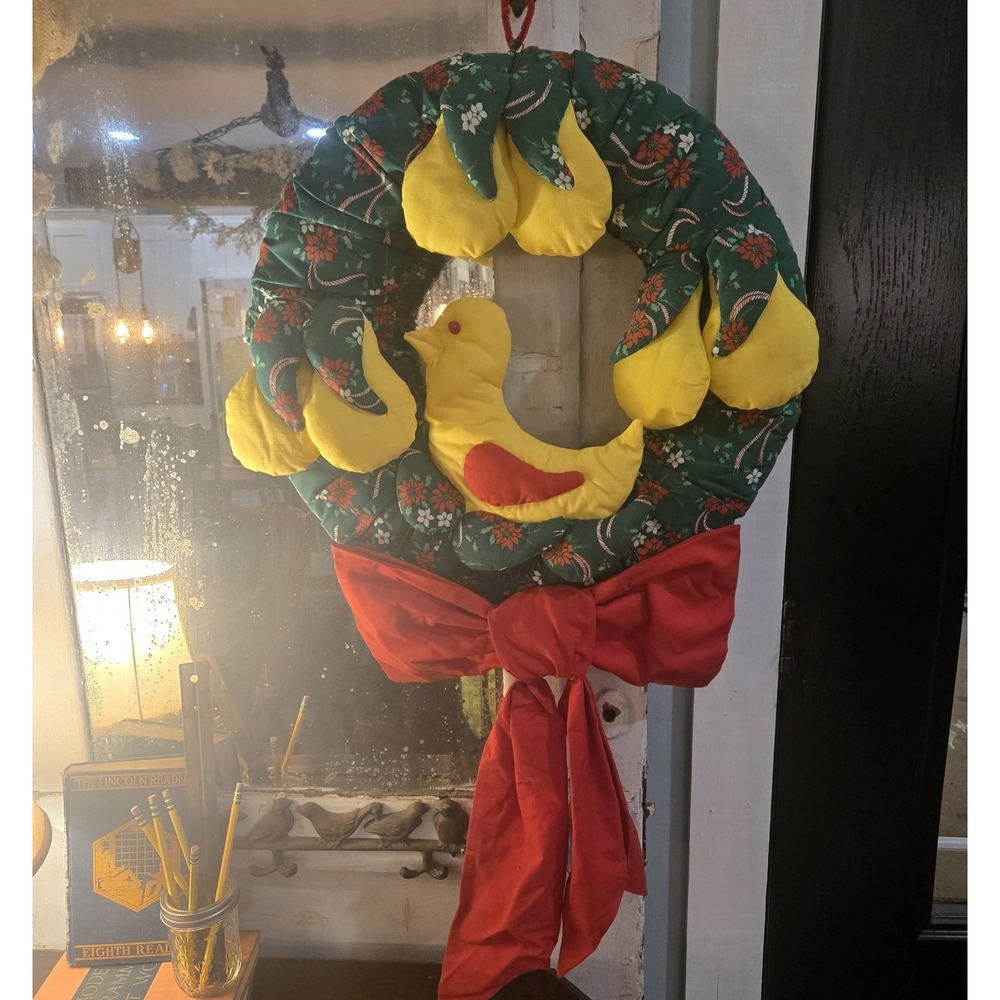 Vtg.Fabric 18" Foam Wreath 80s 90s Christmas Partridge In A Pear Tree Red Bow